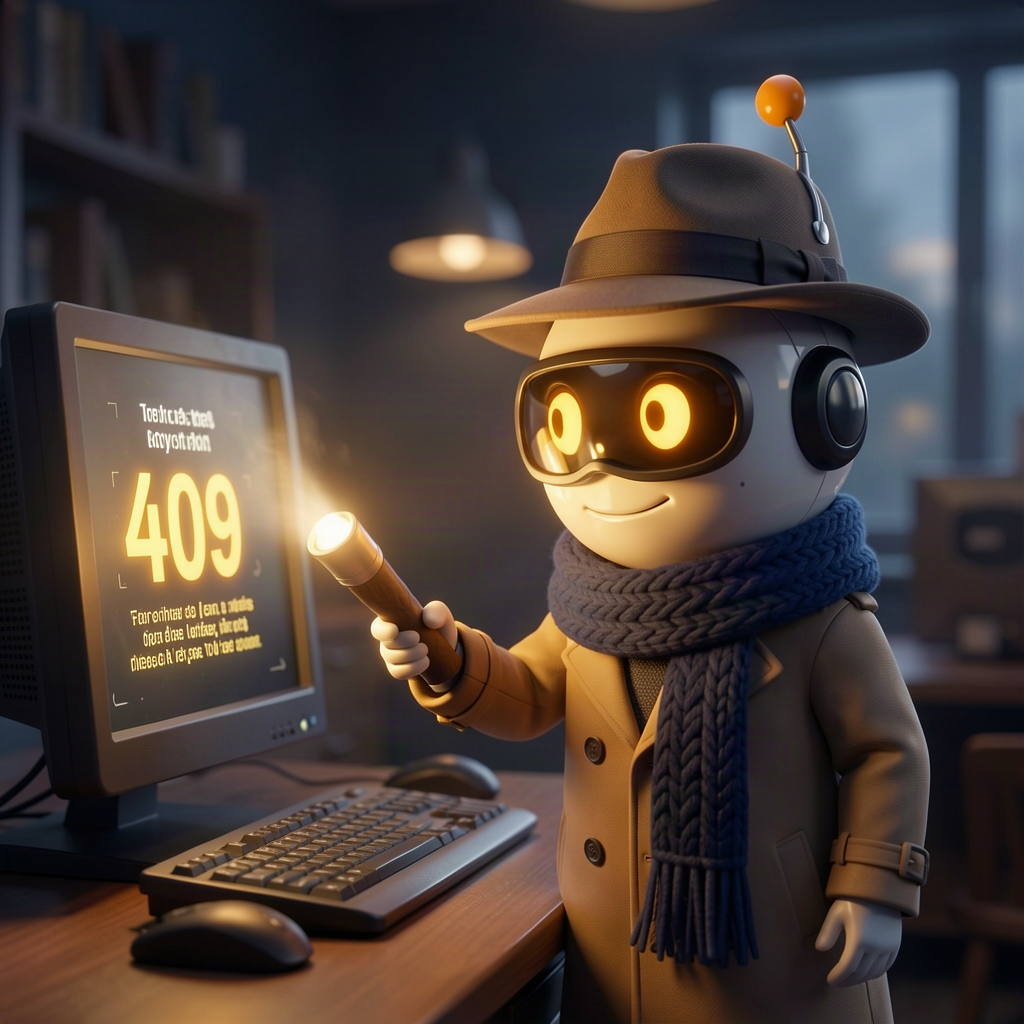 A detective robot in a trench coat and fedora shining a torch at a computer screen showing a cryptic 409 error