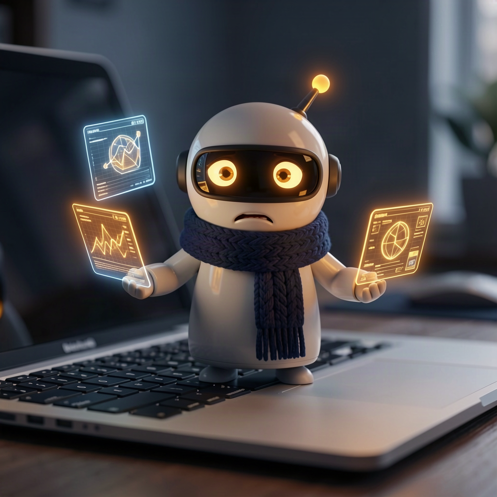 A small robot standing on a laptop keyboard juggling three glowing holographic windows, looking slightly overwhelmed