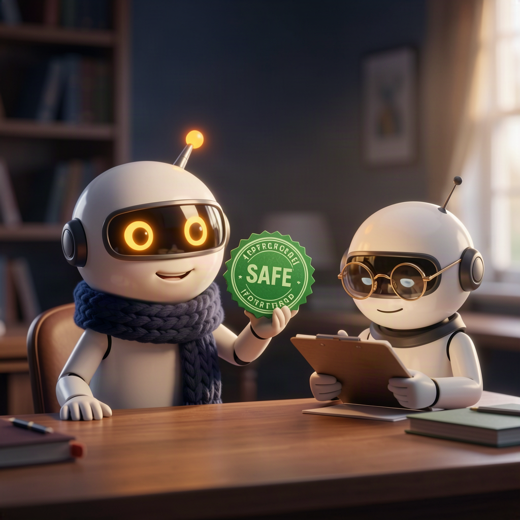 Two robots at a desk, one proudly holding up a SAFE stamp while a reviewer robot in a monocle checks a clipboard