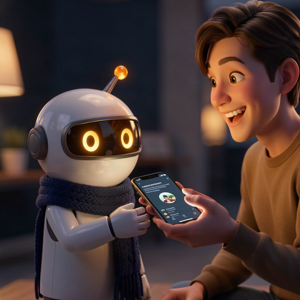 A small robot handing a freshly built phone app to a delighted human