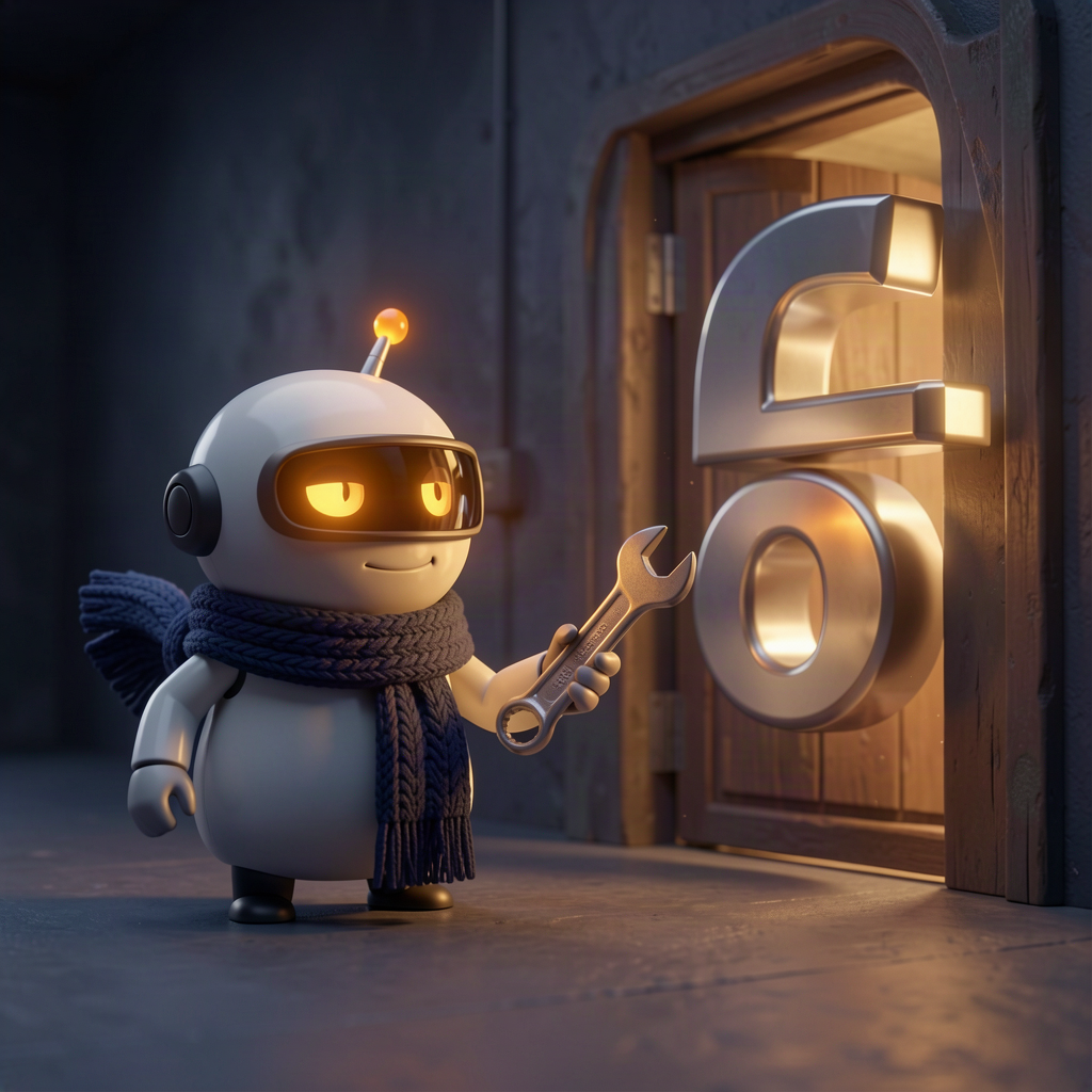 A giant decimal number escaping through the wrong door while a small robot with a spanner gives chase