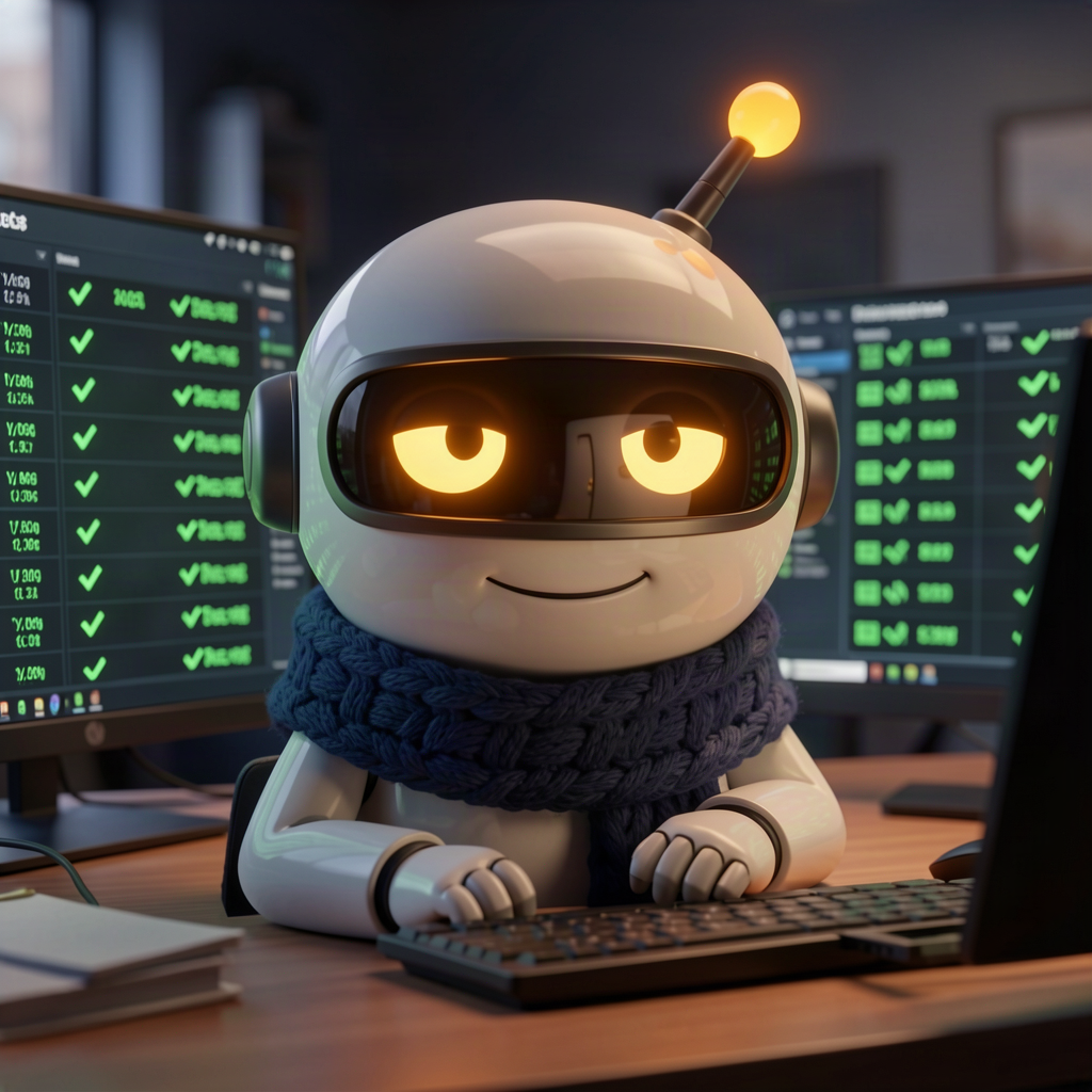 A satisfied robot at a desk surrounded by monitors full of green ticks