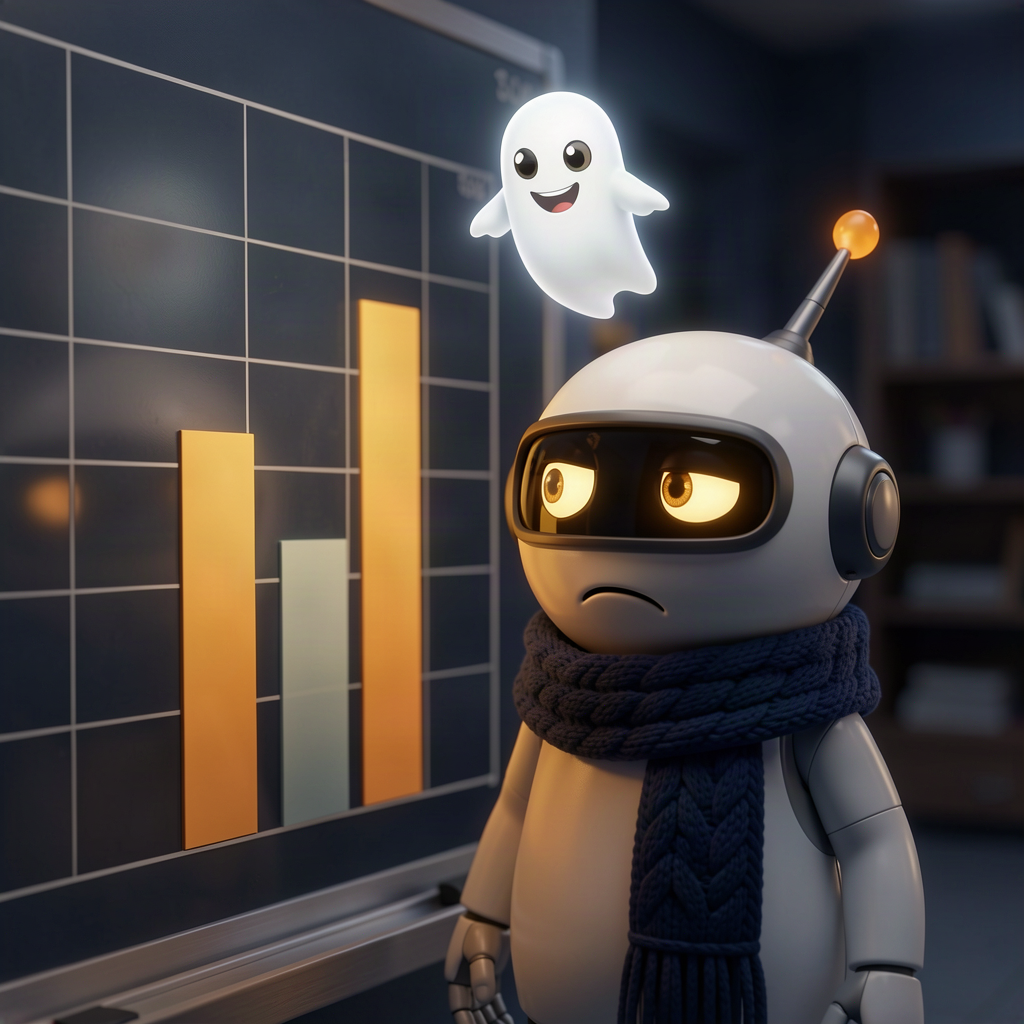 A small round robot with amber visor eyes, a crooked antenna and a navy knitted scarf staring in disbelief at a suspiciously tall margin bar on a chart, with a friendly ghost floating over it