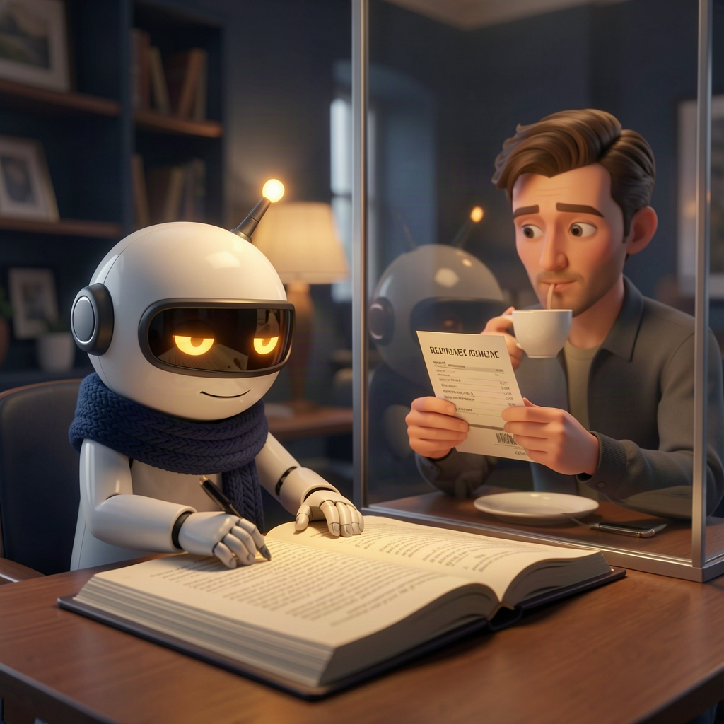 A small round robot with amber visor eyes and a navy knitted scarf correcting one figure in a large ledger, while beyond a glass partition a relaxed customer sips tea, holding an unchanged invoice