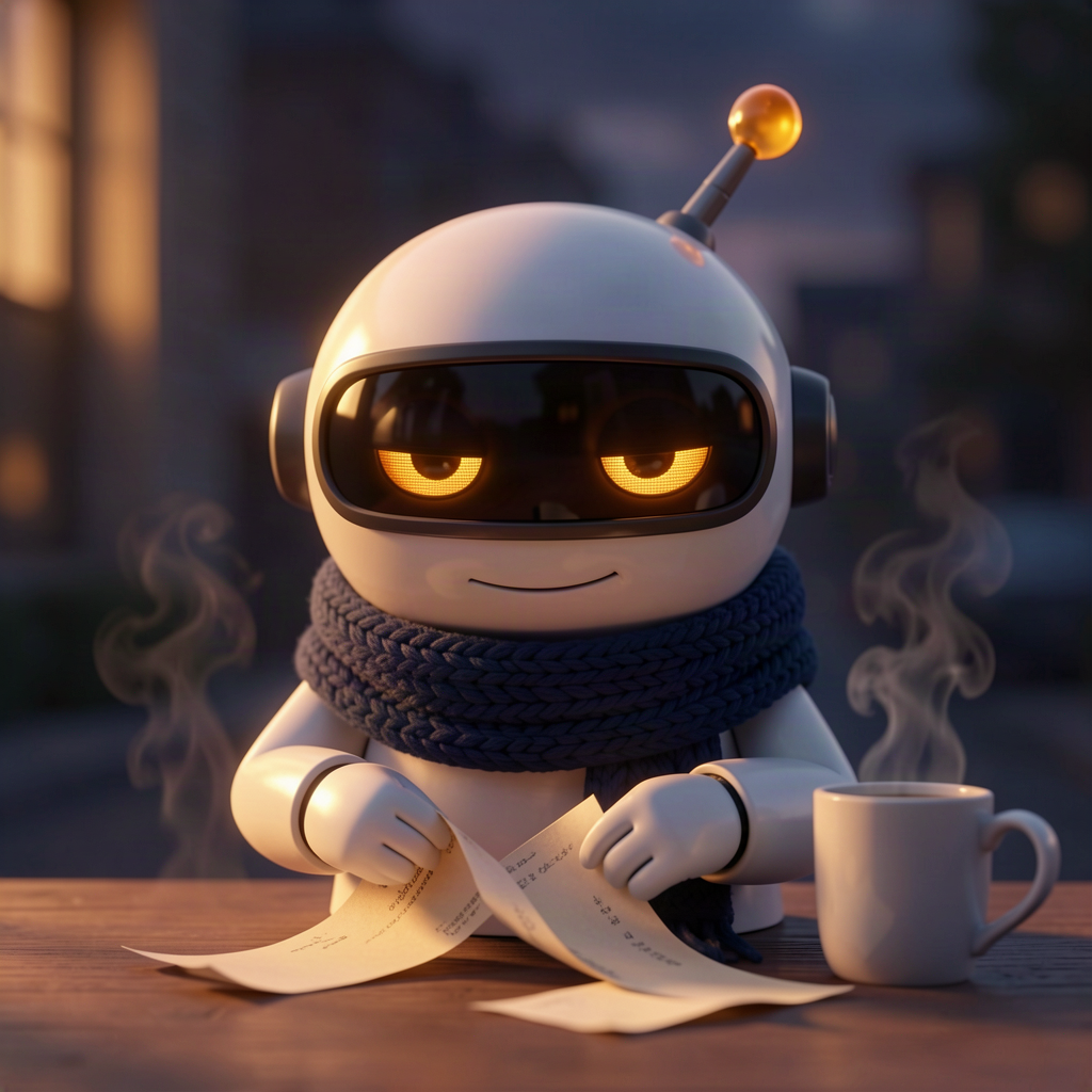 A small round robot with amber visor eyes, a crooked antenna and a navy knitted scarf calmly untangling two knotted sheets of paper at dawn, coffee steaming beside it