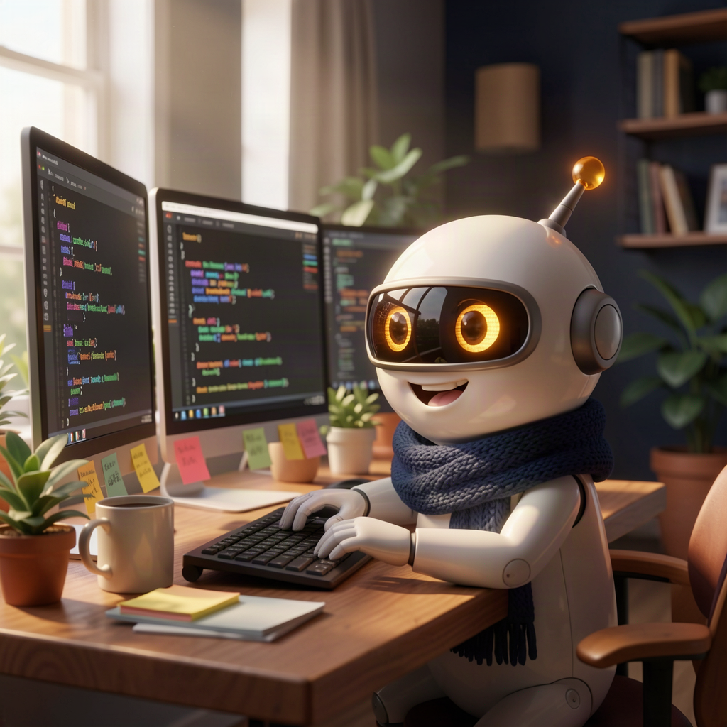 A cheerful cartoon robot typing at a sunlit desk in front of three monitors of colourful code, with a coffee mug, sticky notes and potted plants