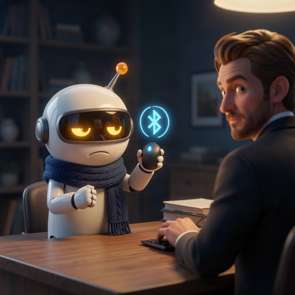A weary cartoon robot holding up a wireless mouse beneath a glowing Bluetooth symbol while a man at a wooden desk glances over