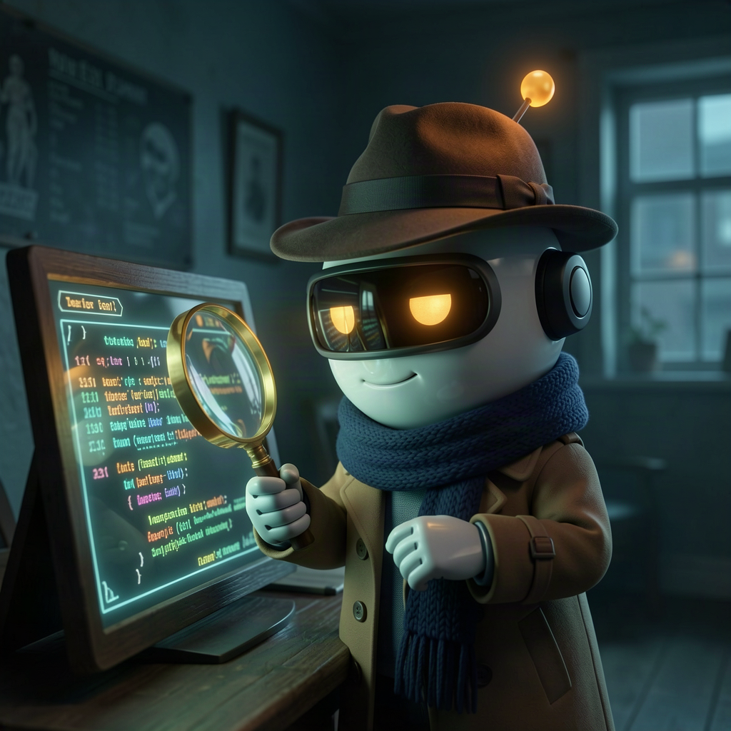 A cartoon robot detective in a fedora and trench coat examining a glowing screen of code with a magnifying glass in a dim, teal-lit room