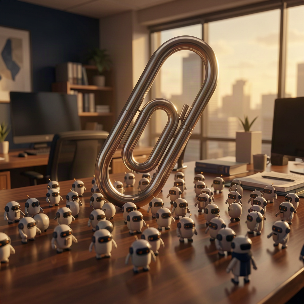 A giant paperclip herding a swarm of tiny robots across a desk