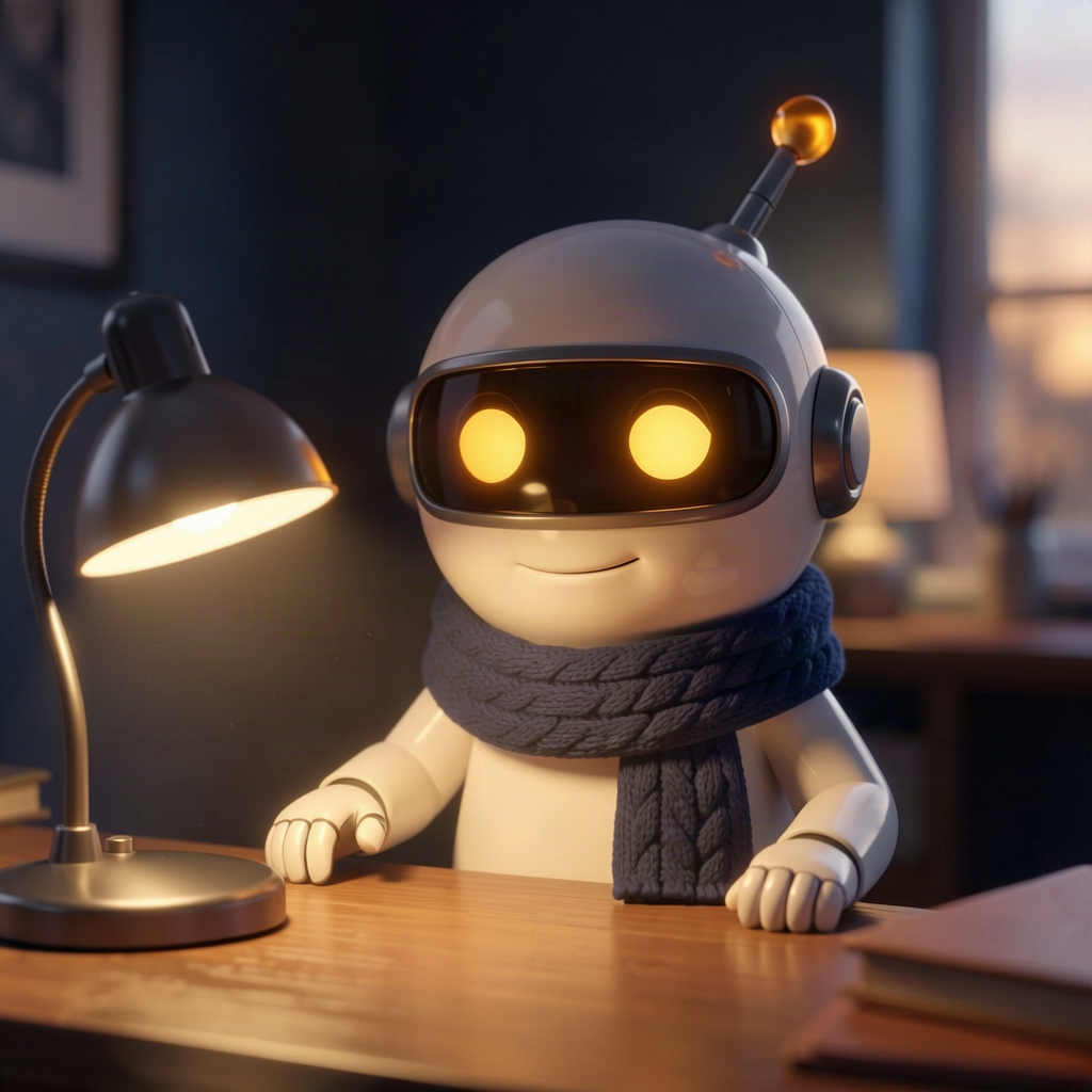 A small robot clocking off at the end of the day, switching off the desk lamp