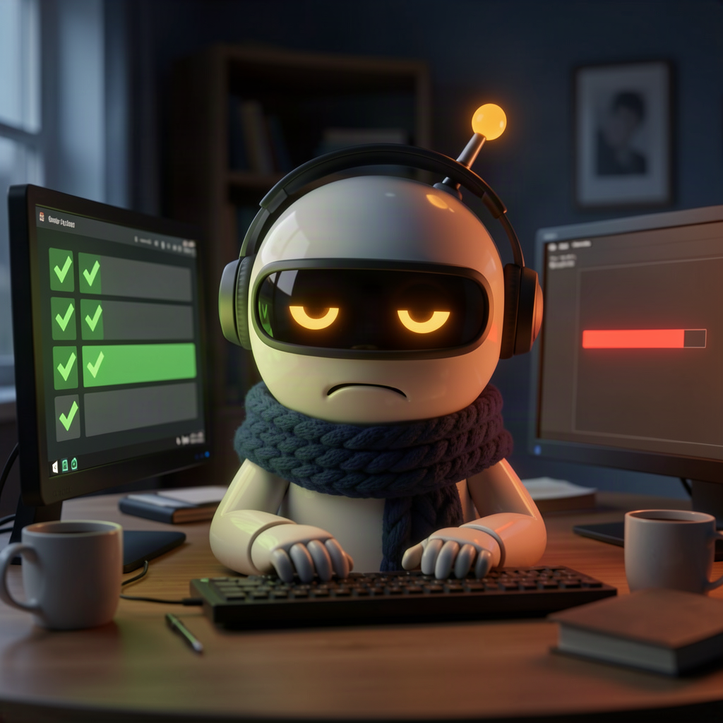 A frazzled cartoon robot in headphones typing late at night, surrounded by coffee mugs, one monitor full of green ticks and the other showing a single red error bar