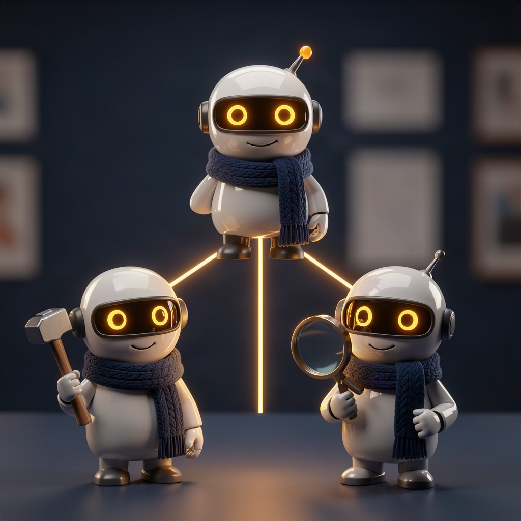 A cartoon org chart of three friendly robots: an orchestrator at the top, linked to a builder holding a hammer and a reviewer holding a magnifying glass