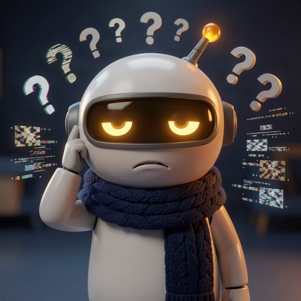 A confused cartoon robot scratching its head under a speech bubble of garbled error text, surrounded by floating question marks