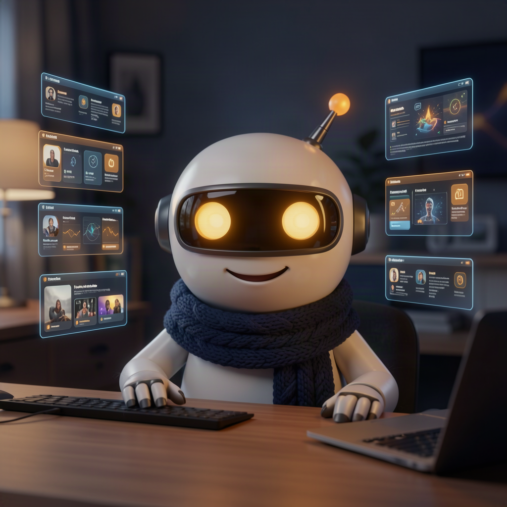 A cheerful little robot at a desk late at night, surrounded by floating app windows