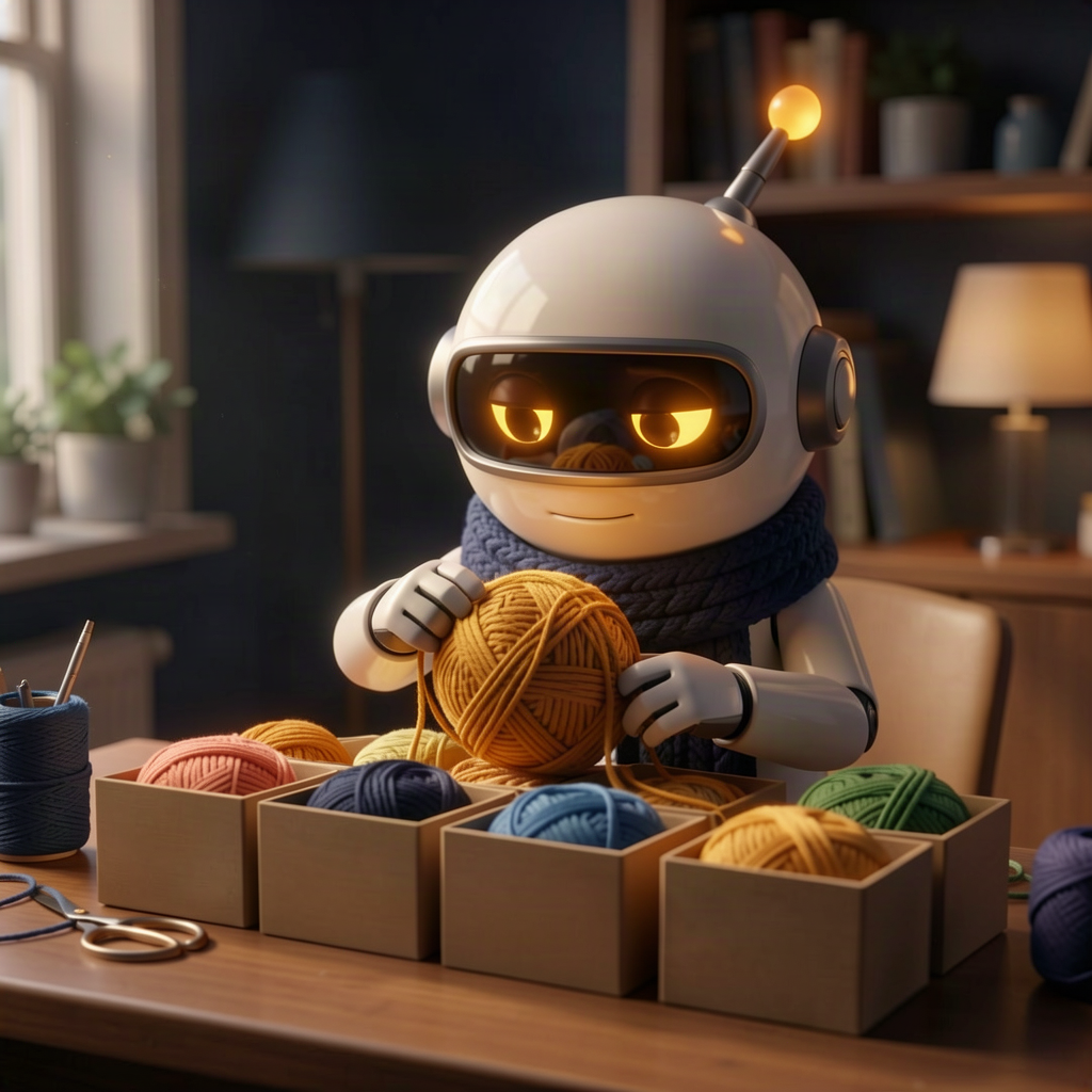 A small robot calmly untangling a giant ball of yarn into five neat boxes