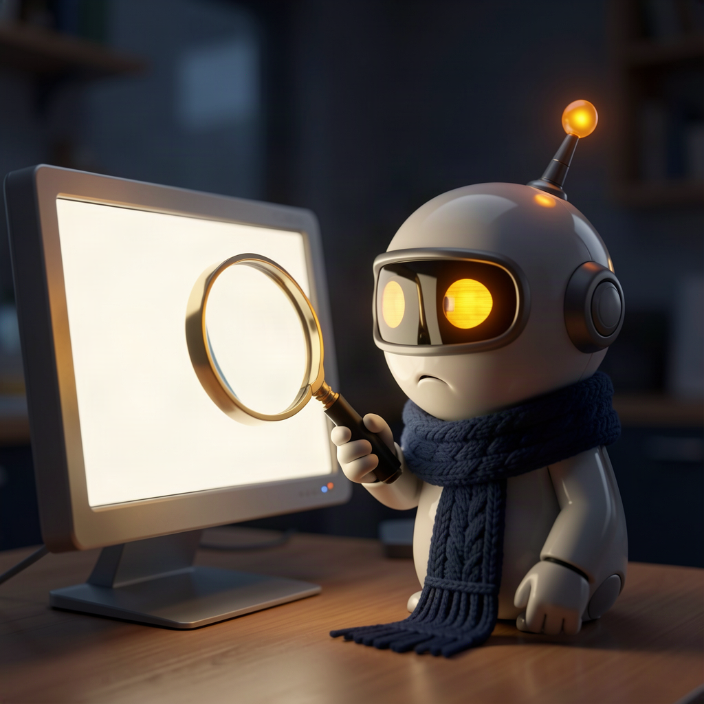 A puzzled robot inspecting a blank white monitor with a magnifying glass