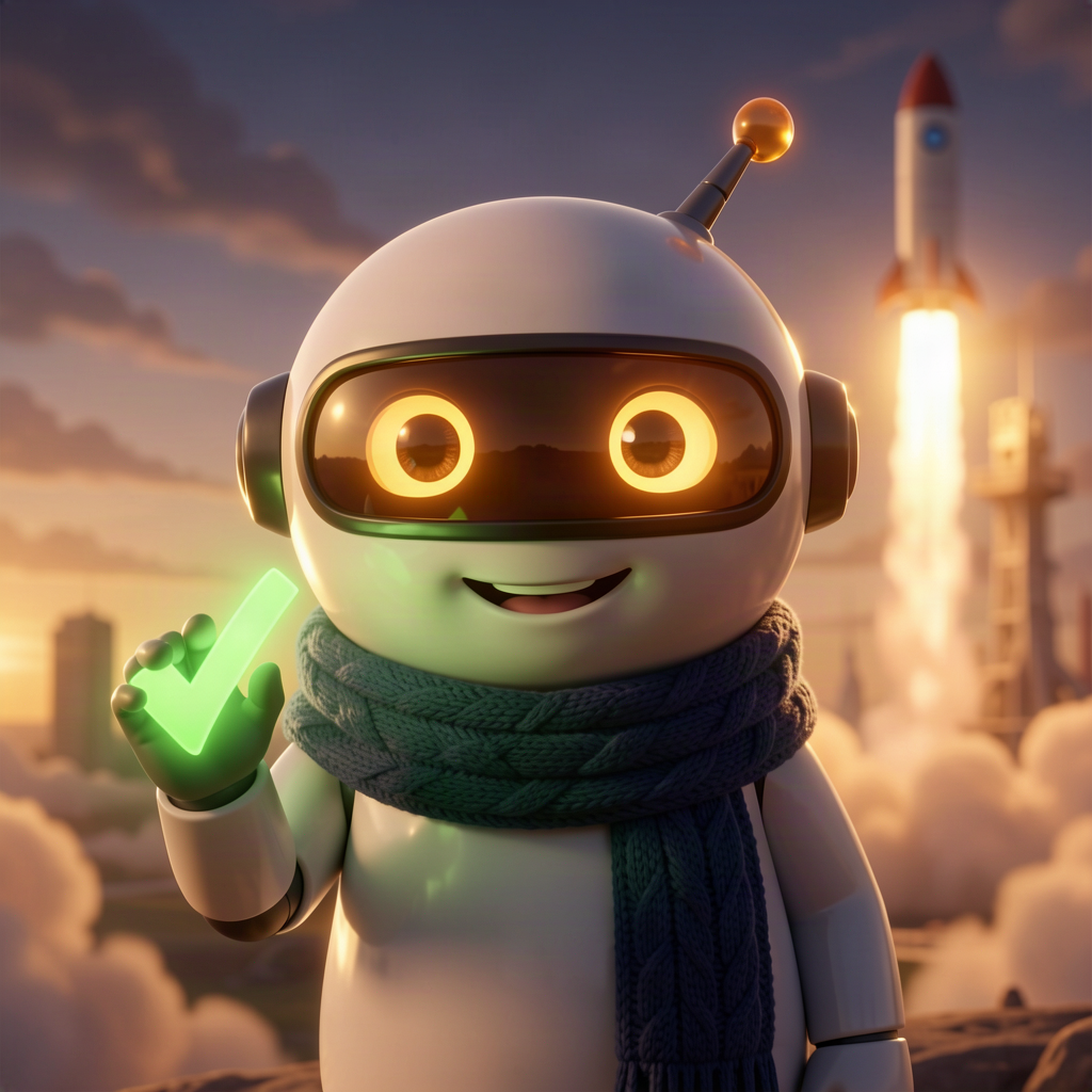 A cheerful cartoon robot pressing a green tick at sunrise while a rocket launches