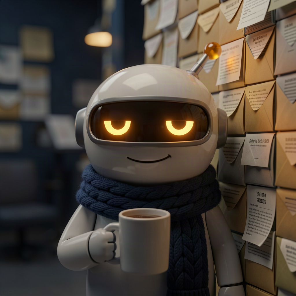 A small cartoon robot dwarfed by a towering wall of unread email