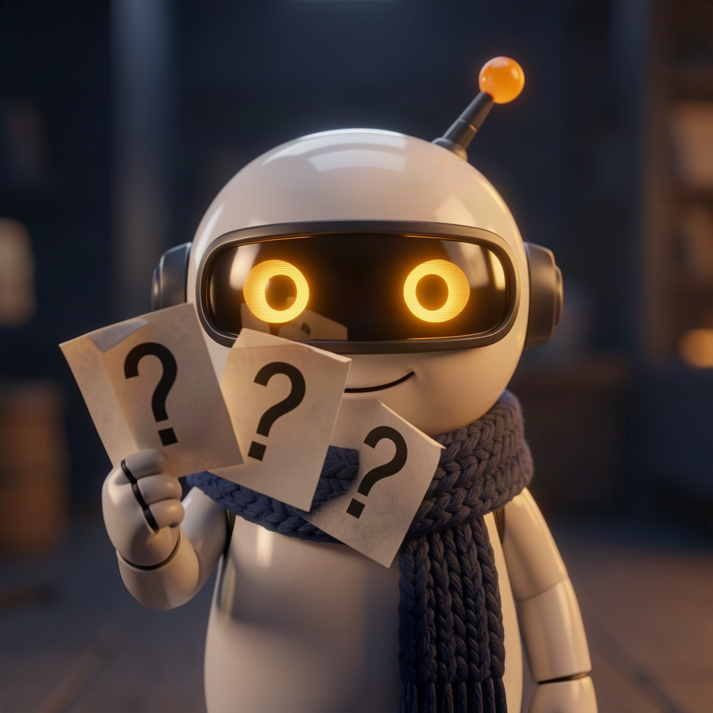 A polite cartoon robot holding up three slips of paper with question marks
