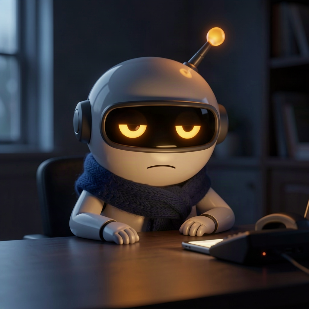 A small robot waiting alone in the early hours for a reply that is not coming