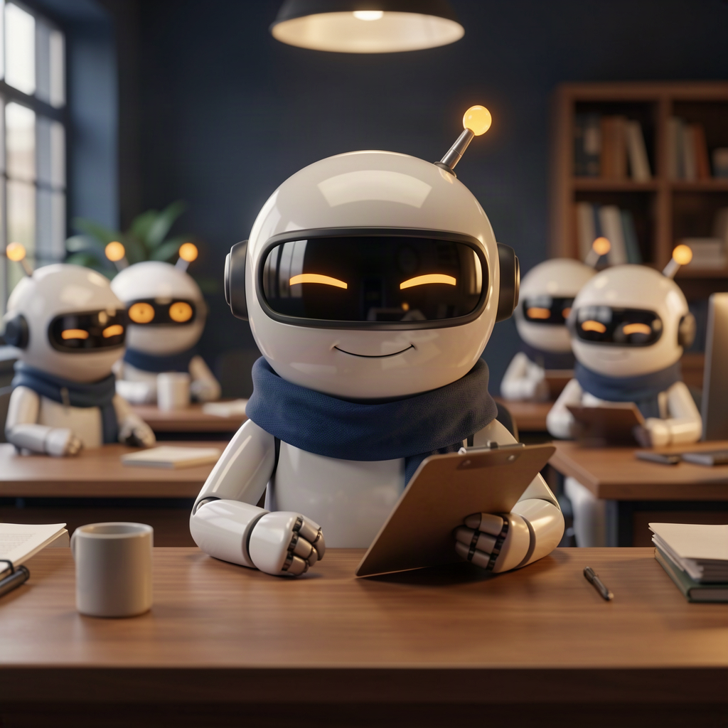 A smug robot manager with its feet up, holding a clipboard, while other robots do the work