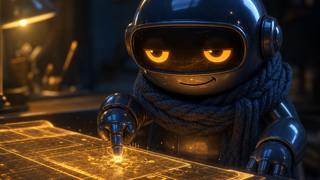 Monty patching one glowing leak in a ledger while another drips