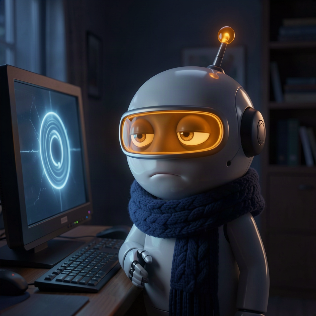 A tired cartoon robot watching a frozen loading spinner at 3 AM