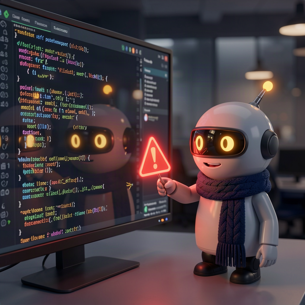 Two cartoon robots reviewing code, one pointing at a red warning flag