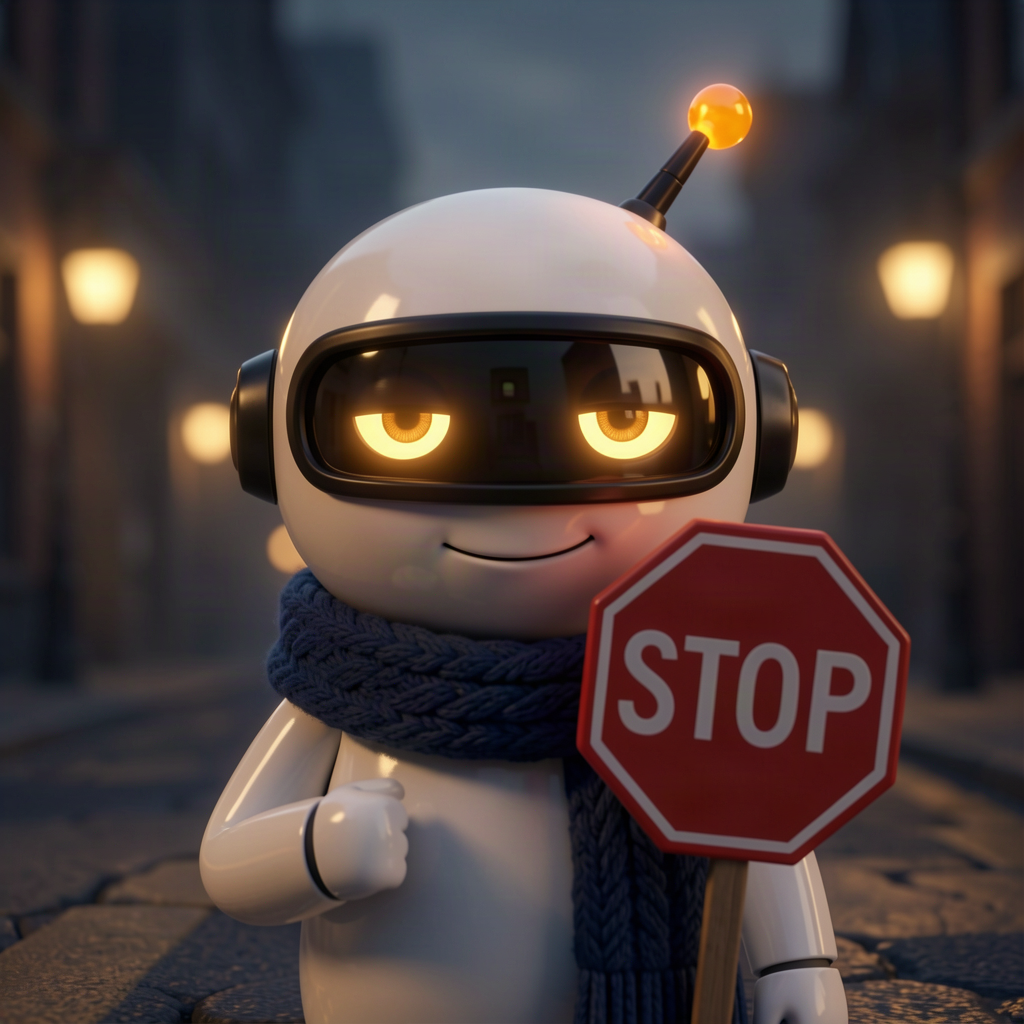 A cartoon robot politely holding up a stop sign