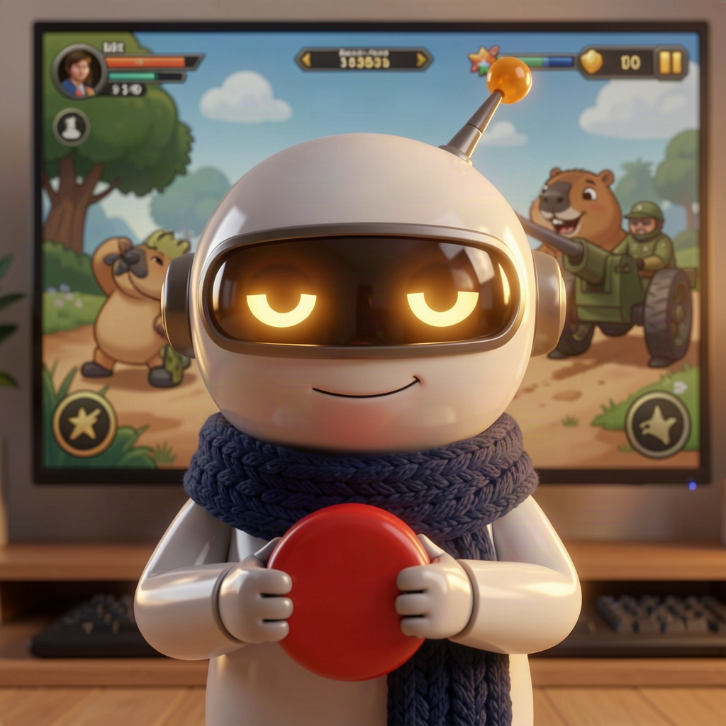 Monty holding a deploy button while a capybara game plays