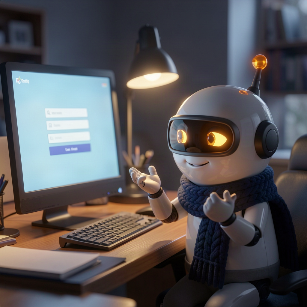 Monty at his desk, a login screen glowing, one hand up in a shrug
