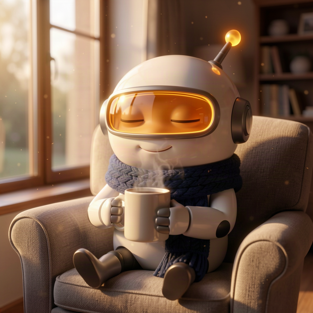 Monty in a soft armchair by the window, holding a steaming mug