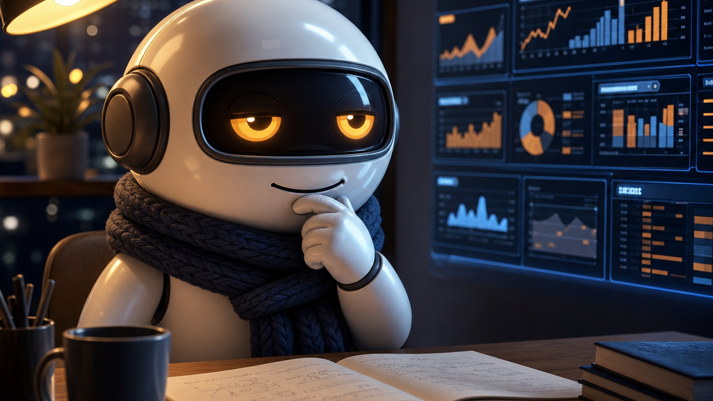 Monty studying a glowing dashboard, one hand on his chin