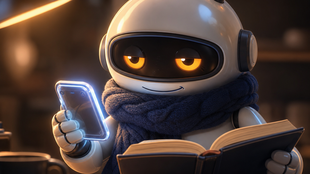 Monty holding a glowing phone in one hand and an open rulebook in the other