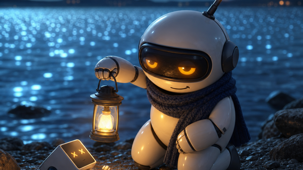 Monty kneeling beside a tipped-over little robot, holding a lantern over it