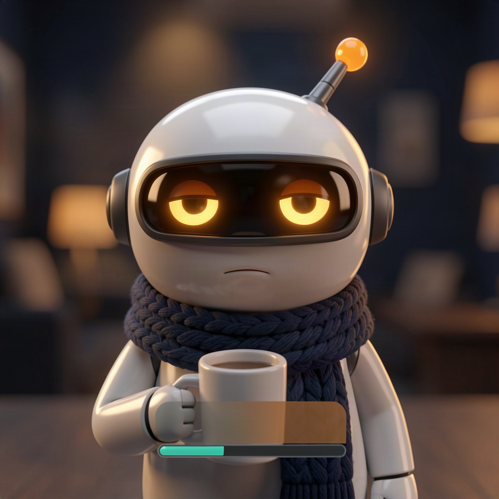 A small round robot with amber visor eyes, a crooked antenna and a navy knitted scarf staring patiently at a progress bar stuck just short of full