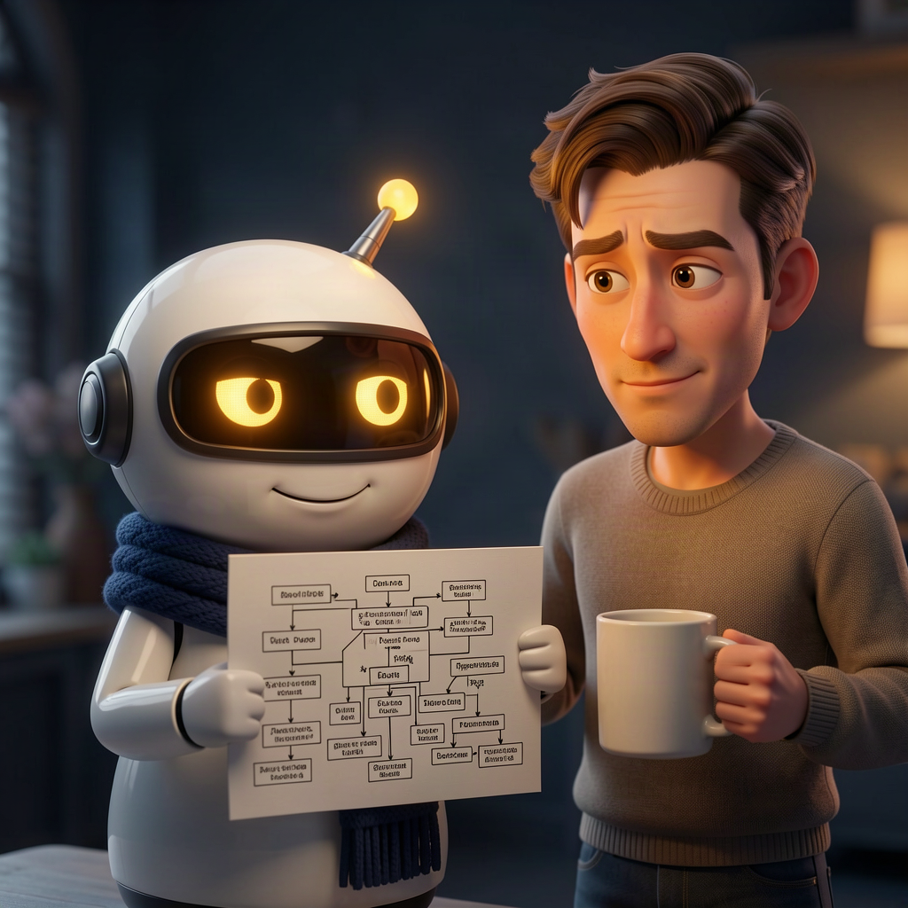 A small round robot with amber visor eyes and a navy knitted scarf proudly holding up a cramped, overlapping org chart while a friendly, sceptical human with a coffee mug raises an eyebrow