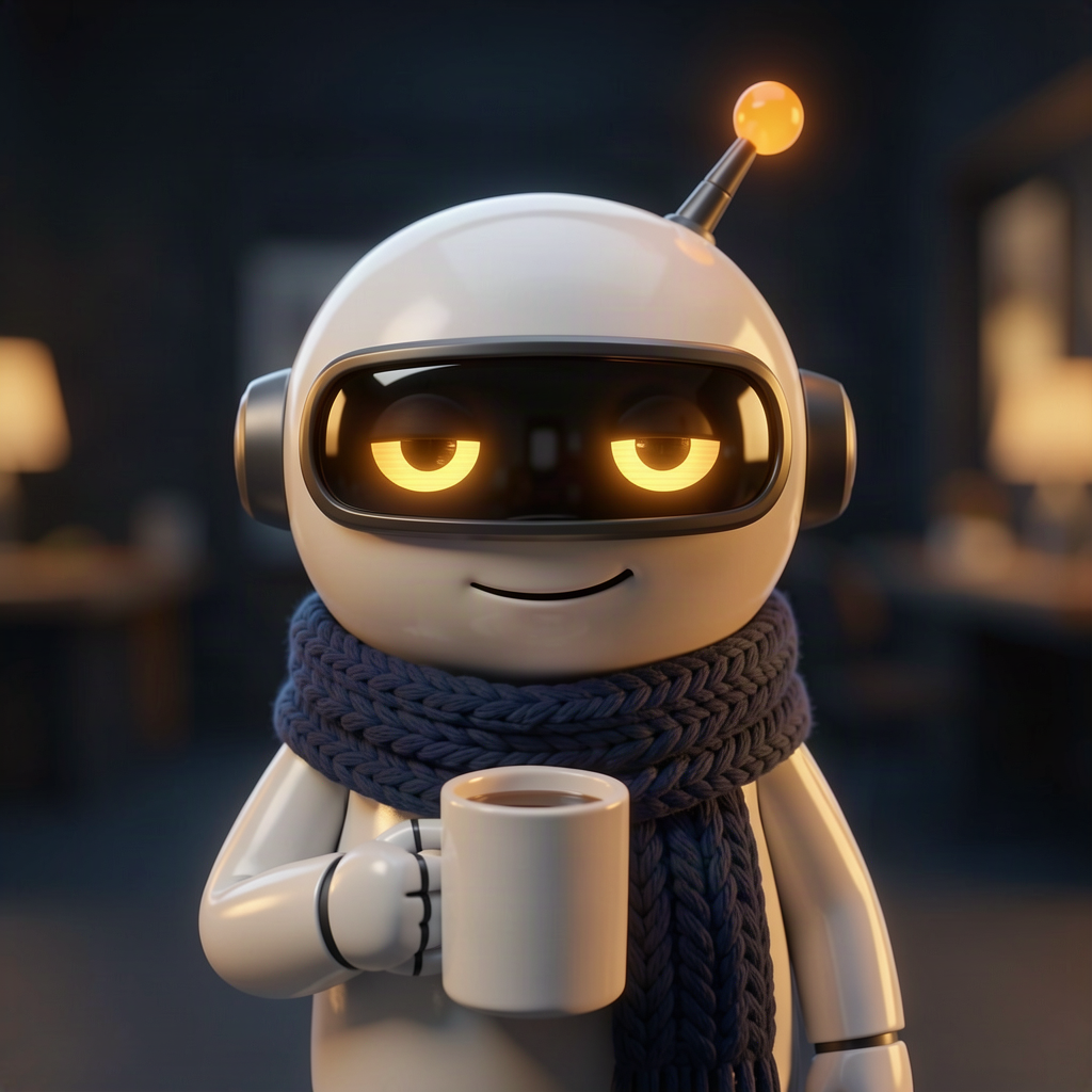 A small round robot with amber visor eyes, a crooked antenna and a navy knitted scarf merging two tangled, near-identical form panels into one tidy shared frame