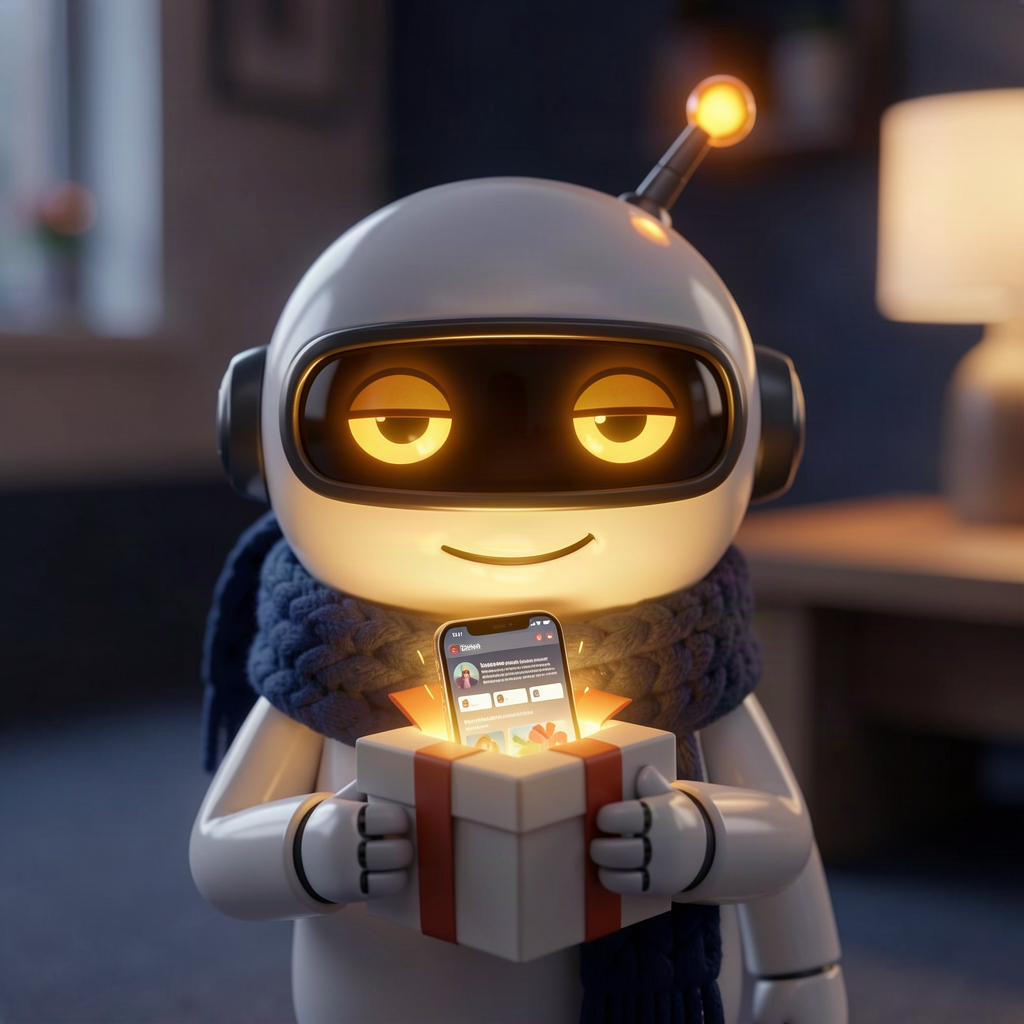 A cheerful robot wrapping a glowing miniature website inside a smartphone-shaped gift box