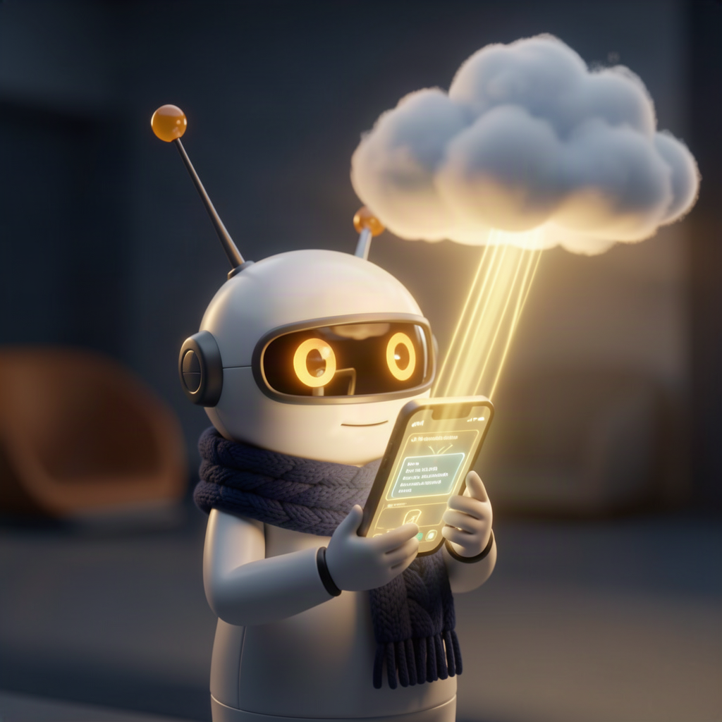 A small robot holding a smartphone that receives a glowing over-the-air update beam from a cloud