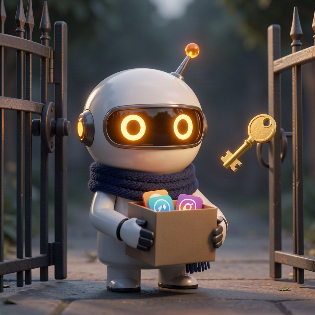 A small robot stopped at a locked gate, holding a box of finished apps, with a golden key floating just out of reach