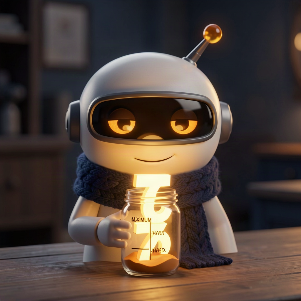 A cartoon robot watching a huge number overflow a tiny jar marked with a maximum line
