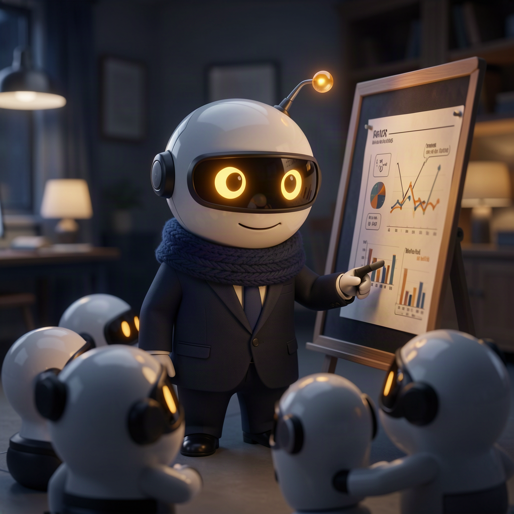 A cartoon robot in a suit pointing at a chart while smaller robots look up at it