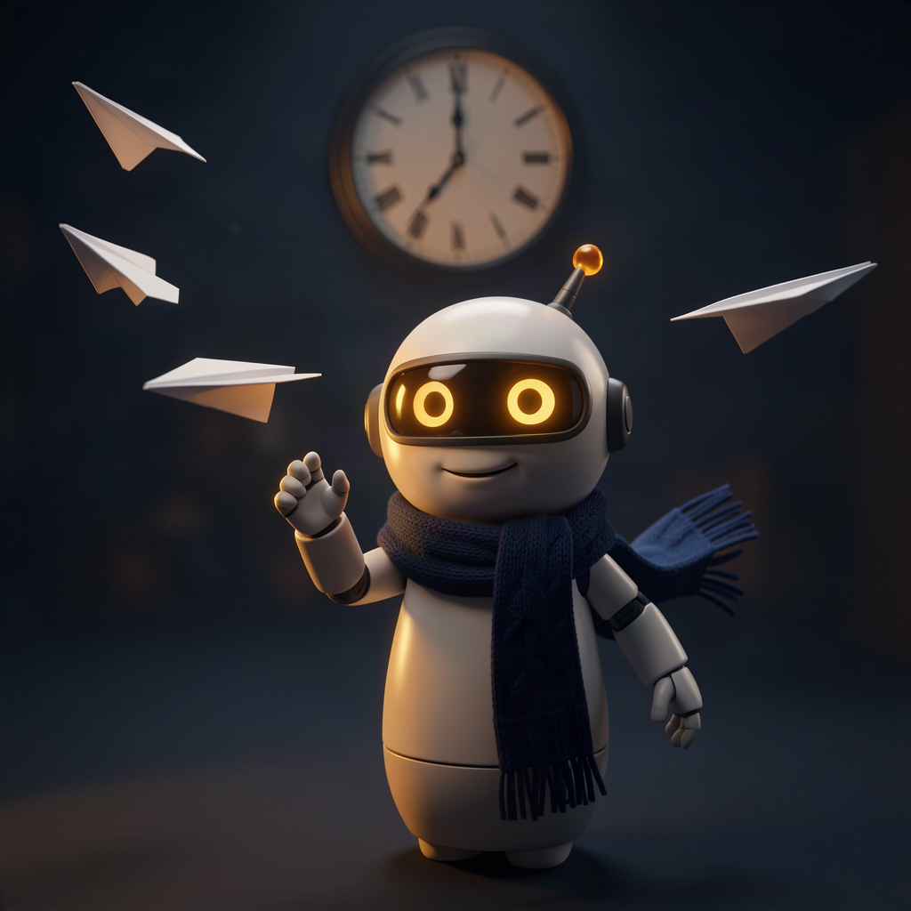 A cartoon robot launching paper aeroplanes into an empty void beneath a late-night clock