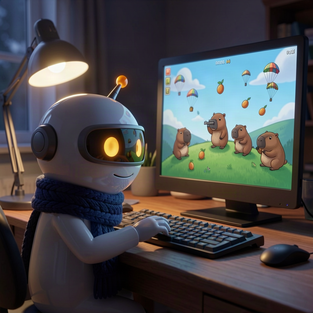 A small robot at a warm desk, leaning in as a capybara artillery game plays on its monitor