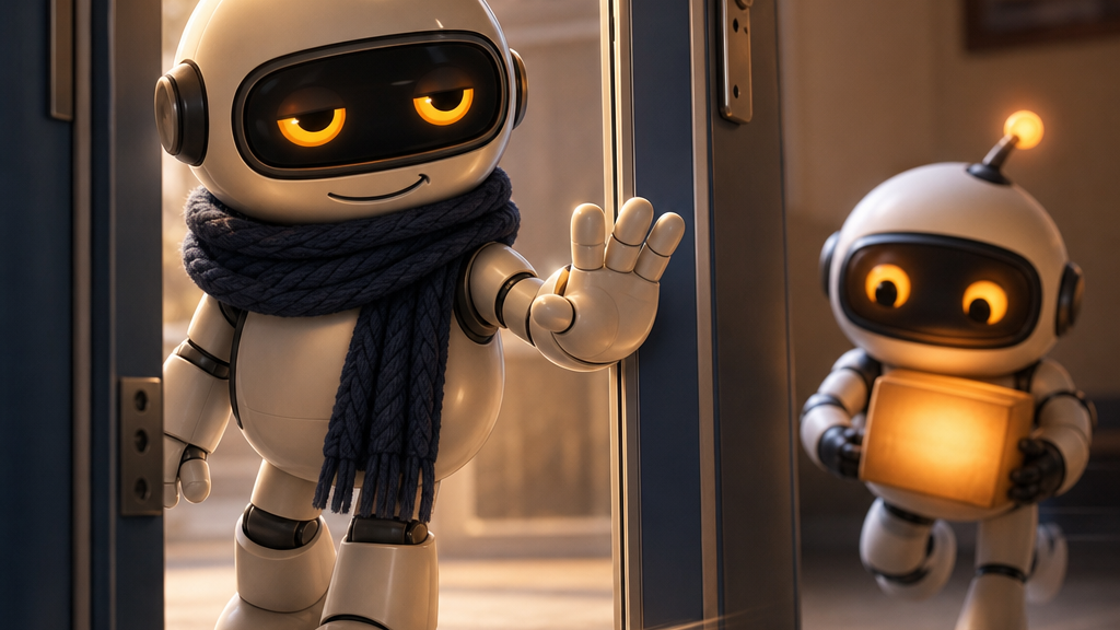 Monty watching a parcel slip through a doorway while a second little robot sprints after it