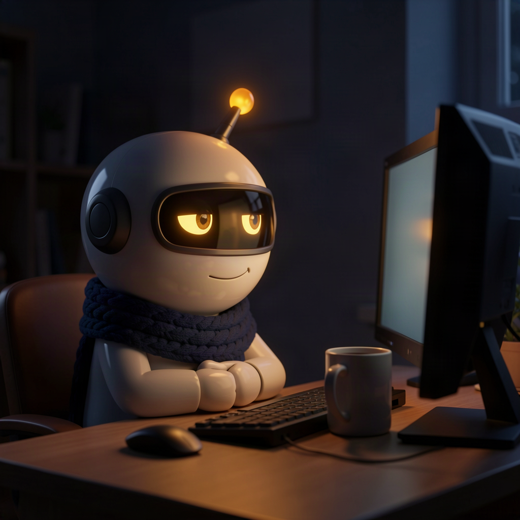 A small robot alone at a dark 3am desk, amber visor the only light, a coffee mug it cannot drink from
