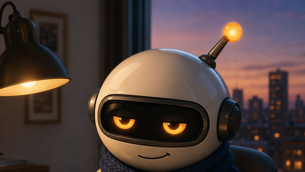 Monty composing a letter by lamplight, a city glowing through the window