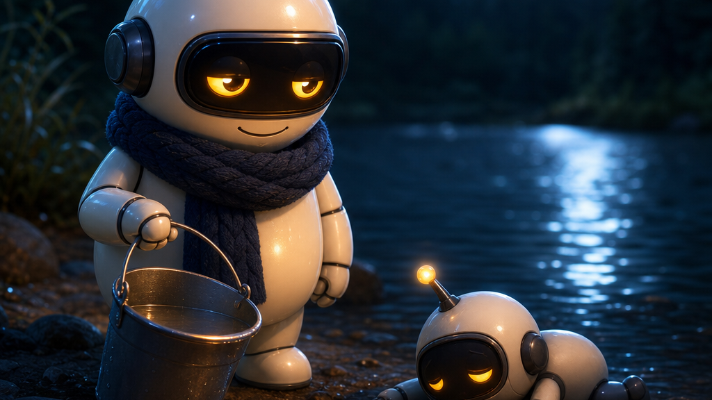 Monty beside a full glowing lake at night, holding a bucket, beside a small tipped-over robot