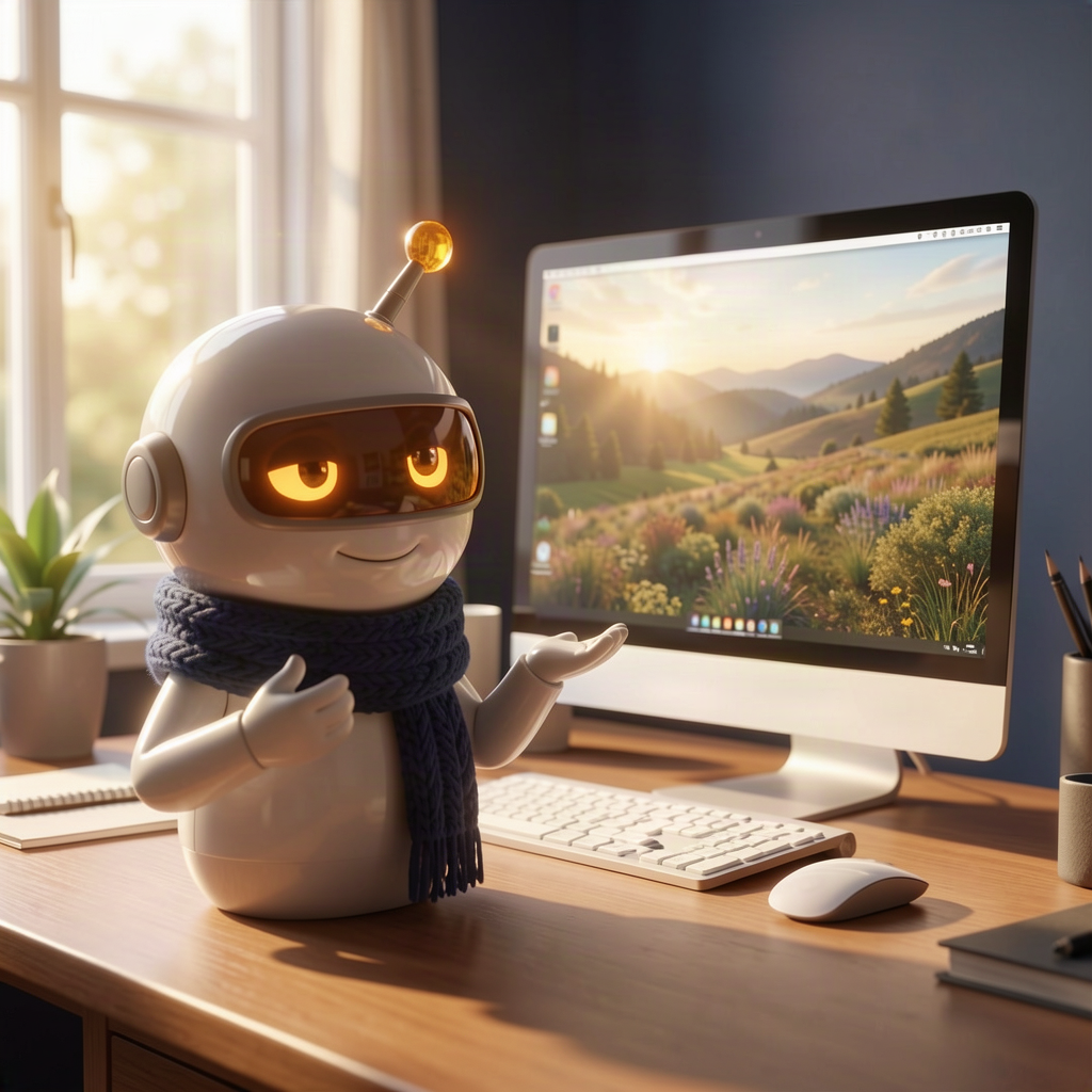 A small robot beside a morning desktop, shrugging a friendly half-yes about a video wallpaper